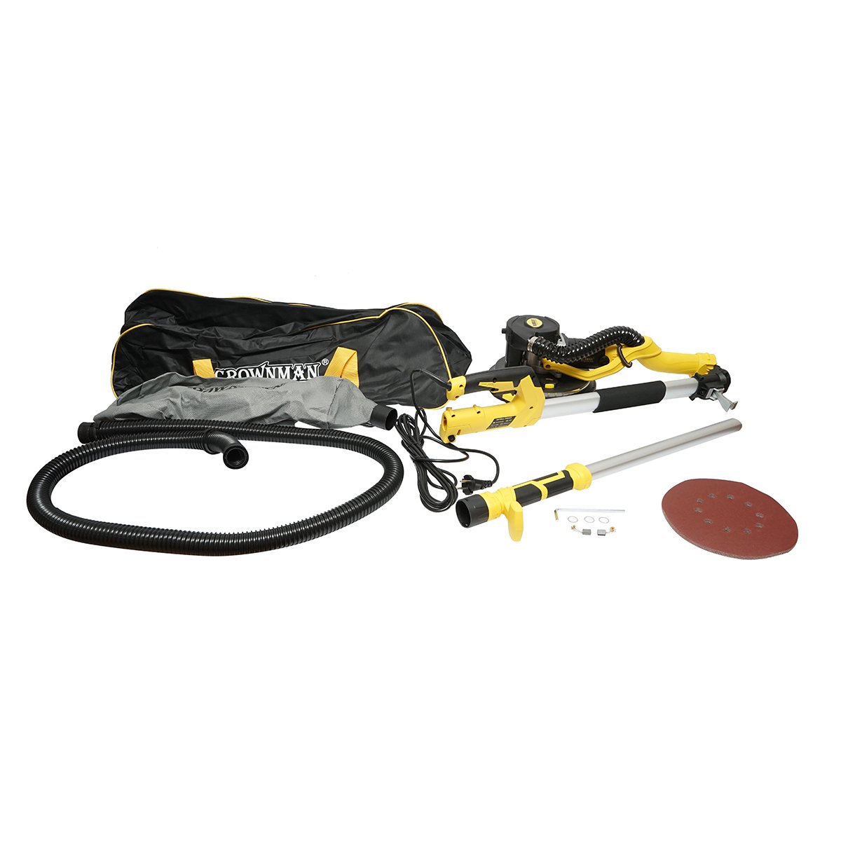 Slefuitor pereti si tavane cu aspirator si sac 880W, 220V, 5 trepte viteza 1000-2100 r/min, brat telescopic 125-180cm, cap iluminat 72 LED-uri, 6 discuri 225mm Crownman